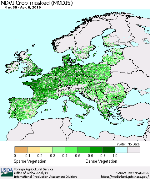 Europe Cropland NDVI (Terra-MODIS) Thematic Map For 4/1/2019 - 4/10/2019