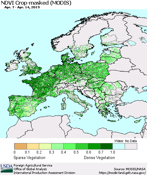 Europe Cropland NDVI (Terra-MODIS) Thematic Map For 4/11/2019 - 4/20/2019