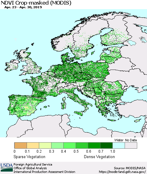Europe Cropland NDVI (Terra-MODIS) Thematic Map For 4/21/2019 - 4/30/2019