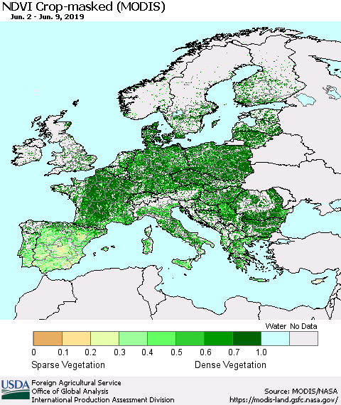 Europe Cropland NDVI (Terra-MODIS) Thematic Map For 6/1/2019 - 6/10/2019