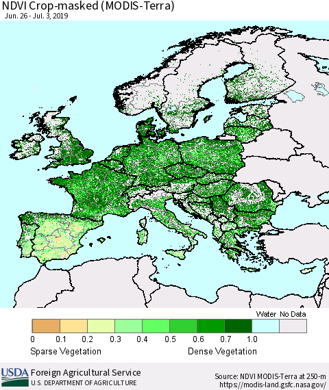 Europe Cropland NDVI (Terra-MODIS) Thematic Map For 7/1/2019 - 7/10/2019