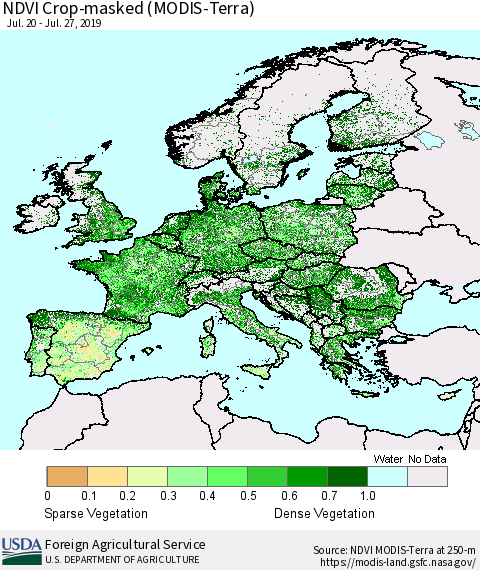 Europe Cropland NDVI (Terra-MODIS) Thematic Map For 7/21/2019 - 7/31/2019