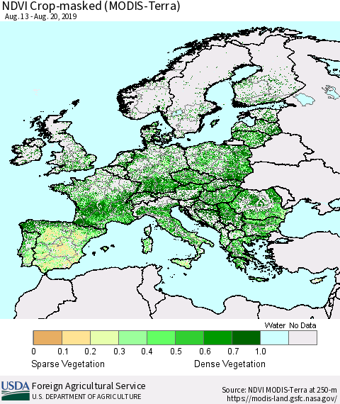 Europe Cropland NDVI (Terra-MODIS) Thematic Map For 8/11/2019 - 8/20/2019