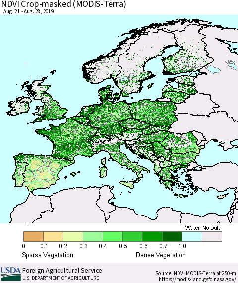 Europe Cropland NDVI (Terra-MODIS) Thematic Map For 8/21/2019 - 8/31/2019