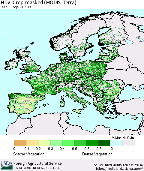 Europe Cropland NDVI (Terra-MODIS) Thematic Map For 9/11/2019 - 9/20/2019