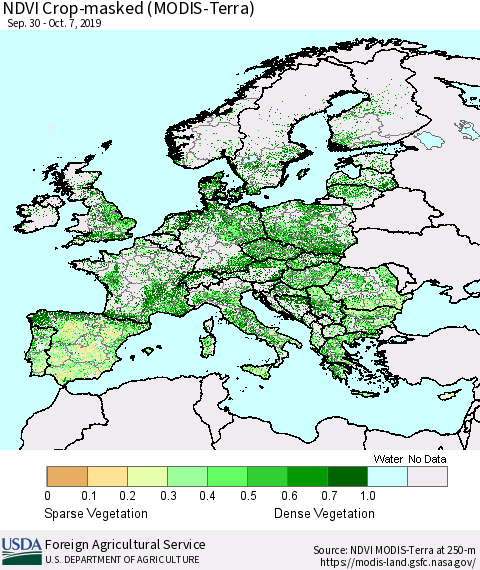 Europe Cropland NDVI (Terra-MODIS) Thematic Map For 10/1/2019 - 10/10/2019