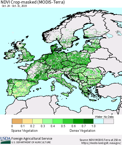 Europe Cropland NDVI (Terra-MODIS) Thematic Map For 10/21/2019 - 10/31/2019