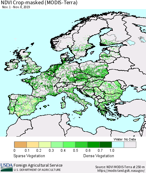 Europe Cropland NDVI (Terra-MODIS) Thematic Map For 11/1/2019 - 11/10/2019