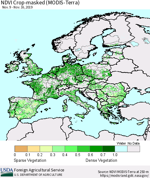 Europe Cropland NDVI (Terra-MODIS) Thematic Map For 11/11/2019 - 11/20/2019