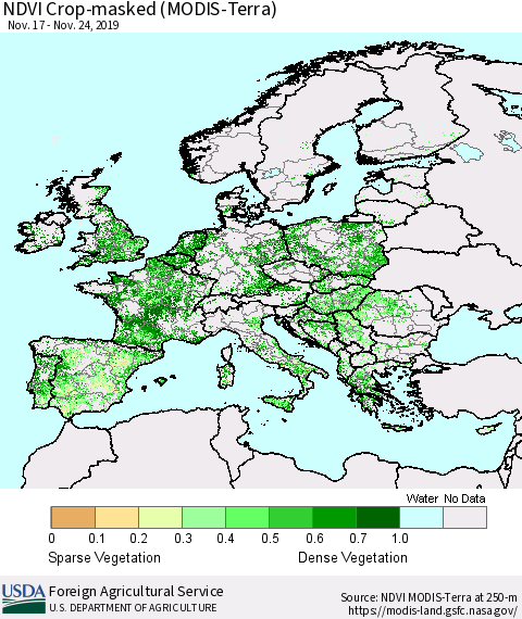 Europe Cropland NDVI (Terra-MODIS) Thematic Map For 11/21/2019 - 11/30/2019