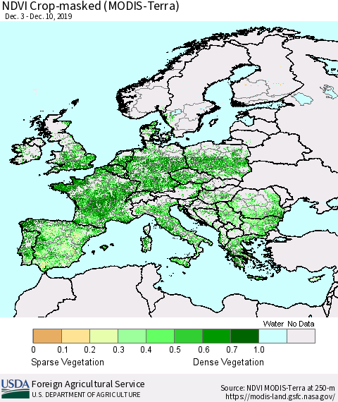 Europe Cropland NDVI (Terra-MODIS) Thematic Map For 12/1/2019 - 12/10/2019