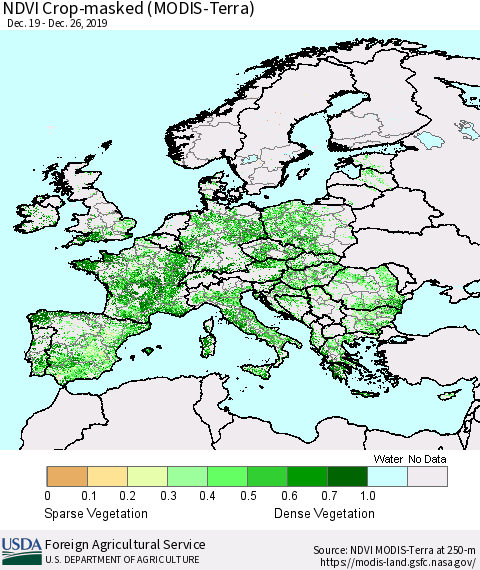 Europe Cropland NDVI (Terra-MODIS) Thematic Map For 12/21/2019 - 12/31/2019