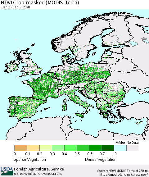 Europe Cropland NDVI (Terra-MODIS) Thematic Map For 1/1/2020 - 1/10/2020