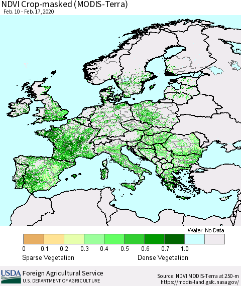 Europe Cropland NDVI (Terra-MODIS) Thematic Map For 2/11/2020 - 2/20/2020