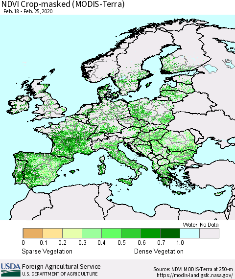 Europe Cropland NDVI (Terra-MODIS) Thematic Map For 2/21/2020 - 2/29/2020