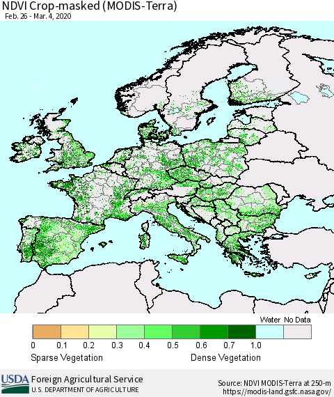 Europe Cropland NDVI (Terra-MODIS) Thematic Map For 3/1/2020 - 3/10/2020