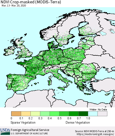 Europe Cropland NDVI (Terra-MODIS) Thematic Map For 3/11/2020 - 3/20/2020