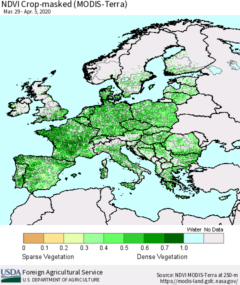 Europe Cropland NDVI (Terra-MODIS) Thematic Map For 4/1/2020 - 4/10/2020