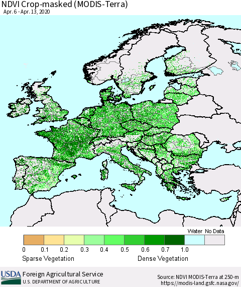 Europe Cropland NDVI (Terra-MODIS) Thematic Map For 4/11/2020 - 4/20/2020
