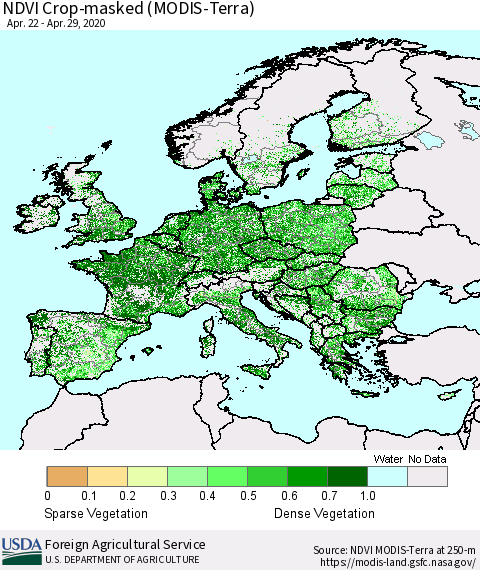 Europe Cropland NDVI (Terra-MODIS) Thematic Map For 4/21/2020 - 4/30/2020