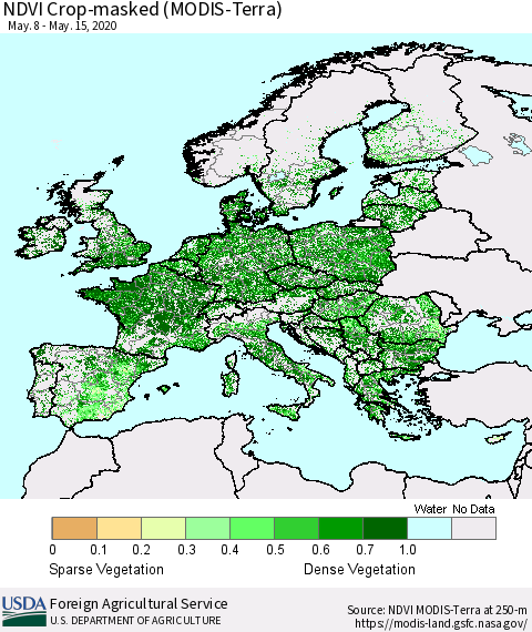 Europe Cropland NDVI (Terra-MODIS) Thematic Map For 5/11/2020 - 5/20/2020