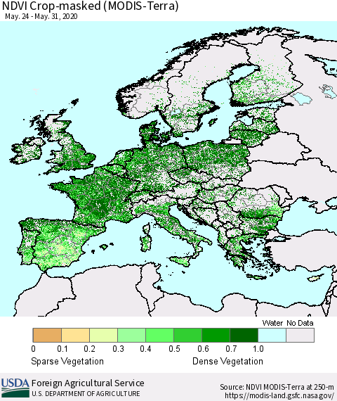 Europe Cropland NDVI (Terra-MODIS) Thematic Map For 5/21/2020 - 5/31/2020
