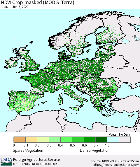 Europe Cropland NDVI (Terra-MODIS) Thematic Map For 6/1/2020 - 6/10/2020