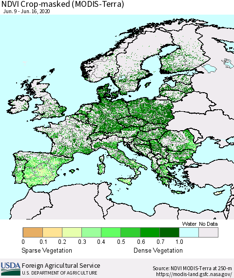Europe Cropland NDVI (Terra-MODIS) Thematic Map For 6/11/2020 - 6/20/2020
