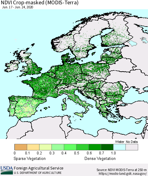 Europe Cropland NDVI (Terra-MODIS) Thematic Map For 6/21/2020 - 6/30/2020