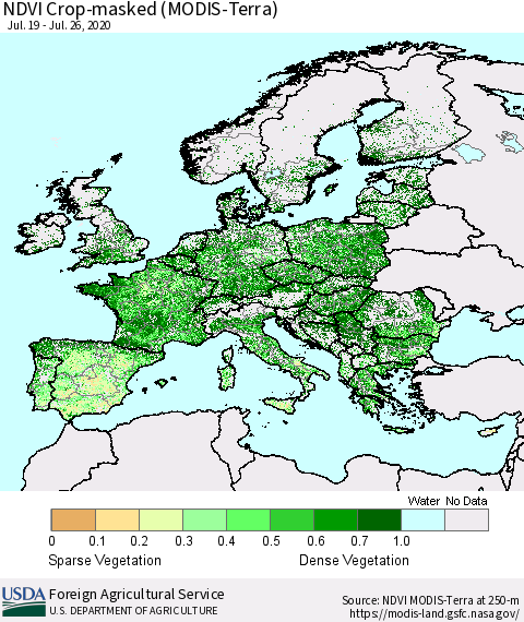 Europe Cropland NDVI (Terra-MODIS) Thematic Map For 7/21/2020 - 7/31/2020
