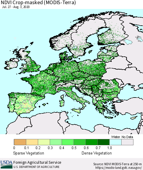 Europe Cropland NDVI (Terra-MODIS) Thematic Map For 8/1/2020 - 8/10/2020