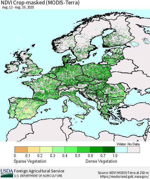 Europe Cropland NDVI (Terra-MODIS) Thematic Map For 8/11/2020 - 8/20/2020
