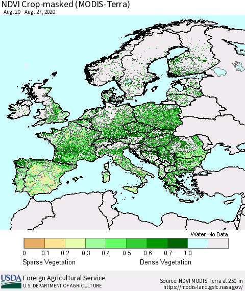 Europe Cropland NDVI (Terra-MODIS) Thematic Map For 8/21/2020 - 8/31/2020
