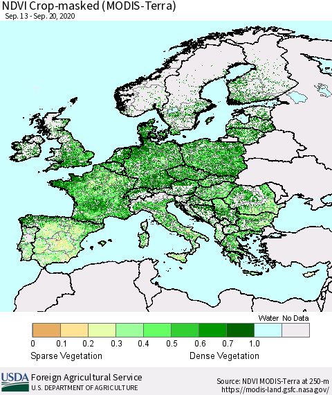 Europe Cropland NDVI (Terra-MODIS) Thematic Map For 9/11/2020 - 9/20/2020