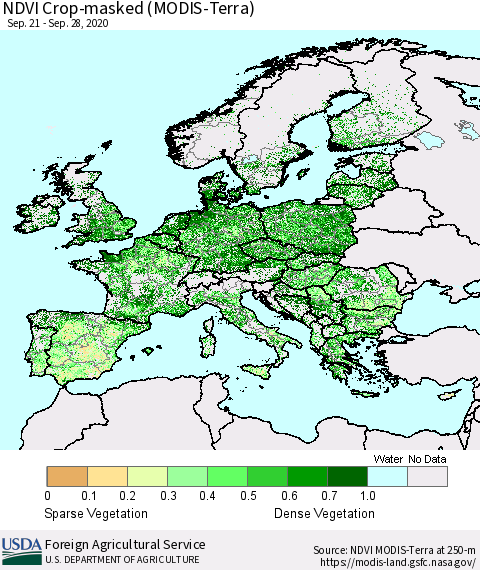 Europe Cropland NDVI (Terra-MODIS) Thematic Map For 9/21/2020 - 9/30/2020