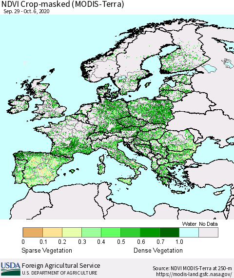 Europe Cropland NDVI (Terra-MODIS) Thematic Map For 10/1/2020 - 10/10/2020
