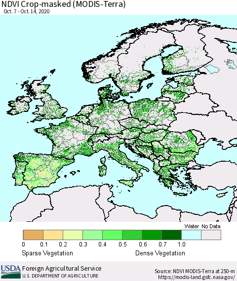 Europe Cropland NDVI (Terra-MODIS) Thematic Map For 10/11/2020 - 10/20/2020