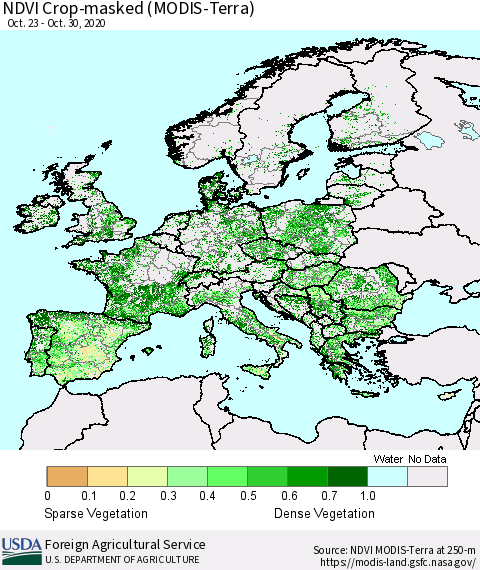Europe Cropland NDVI (Terra-MODIS) Thematic Map For 10/21/2020 - 10/31/2020