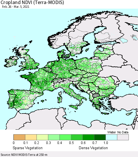 Europe Cropland NDVI (Terra-MODIS) Thematic Map For 2/26/2021 - 3/5/2021