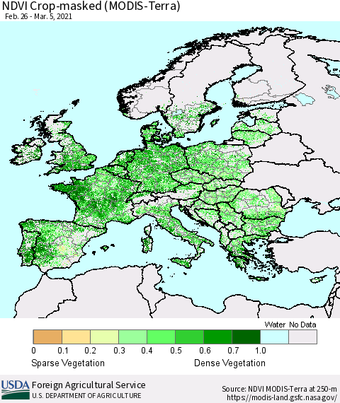 Europe Cropland NDVI (Terra-MODIS) Thematic Map For 3/1/2021 - 3/10/2021