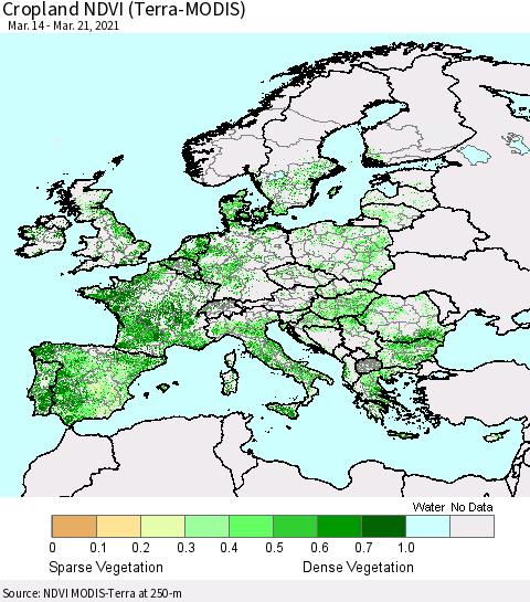 Europe Cropland NDVI (Terra-MODIS) Thematic Map For 3/14/2021 - 3/21/2021