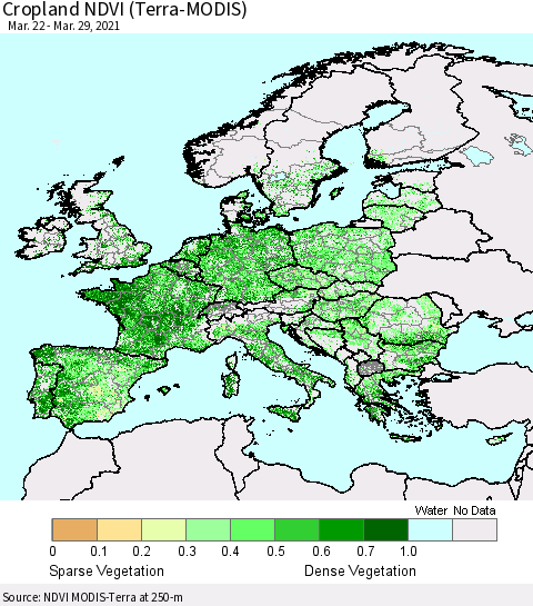Europe Cropland NDVI (Terra-MODIS) Thematic Map For 3/22/2021 - 3/29/2021