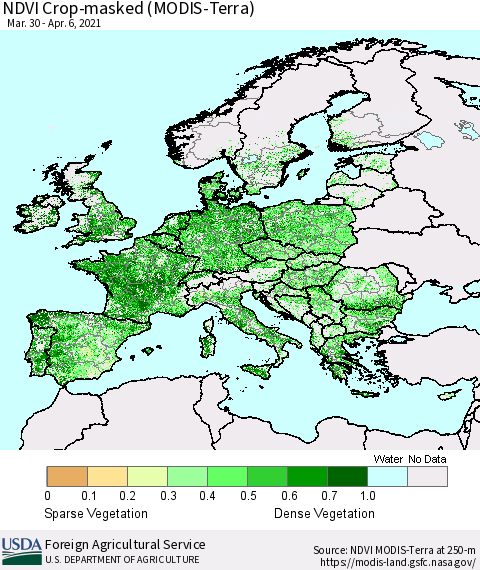 Europe Cropland NDVI (Terra-MODIS) Thematic Map For 4/1/2021 - 4/10/2021