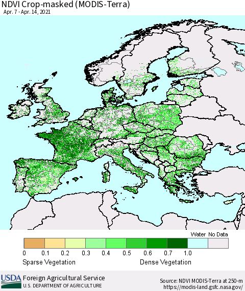 Europe Cropland NDVI (Terra-MODIS) Thematic Map For 4/11/2021 - 4/20/2021