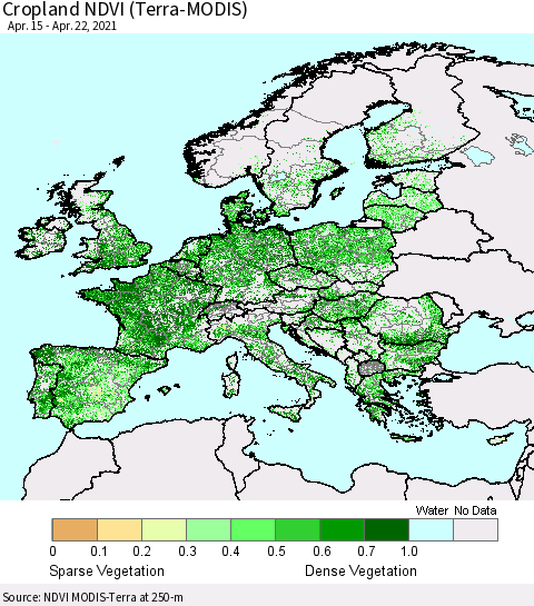 Europe Cropland NDVI (Terra-MODIS) Thematic Map For 4/15/2021 - 4/22/2021