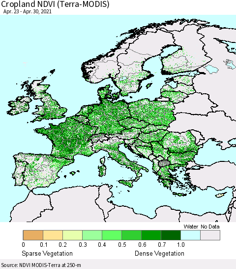 Europe Cropland NDVI (Terra-MODIS) Thematic Map For 4/21/2021 - 4/30/2021