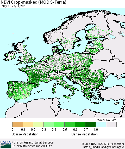 Europe Cropland NDVI (Terra-MODIS) Thematic Map For 5/1/2021 - 5/10/2021