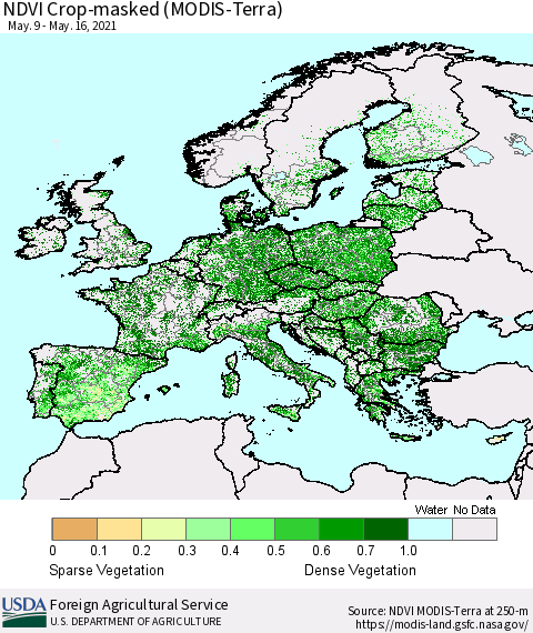 Europe Cropland NDVI (Terra-MODIS) Thematic Map For 5/11/2021 - 5/20/2021