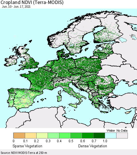 Europe Cropland NDVI (Terra-MODIS) Thematic Map For 6/10/2021 - 6/17/2021