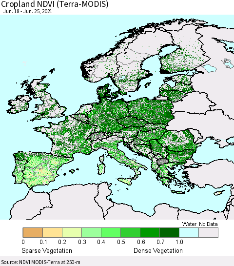 Europe Cropland NDVI (Terra-MODIS) Thematic Map For 6/18/2021 - 6/25/2021